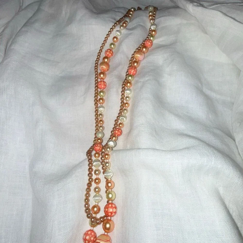 Vintage 1950s Art Glass Pearl Necklace Set 34” C Clasp &‎ 25” Layered Coral Pink